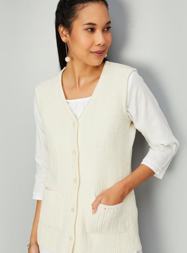 Women Cable Knit Sleeveless Cardigan