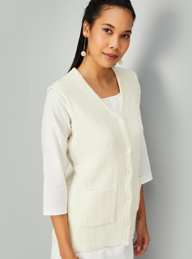 Women Cable Knit Sleeveless Cardigan