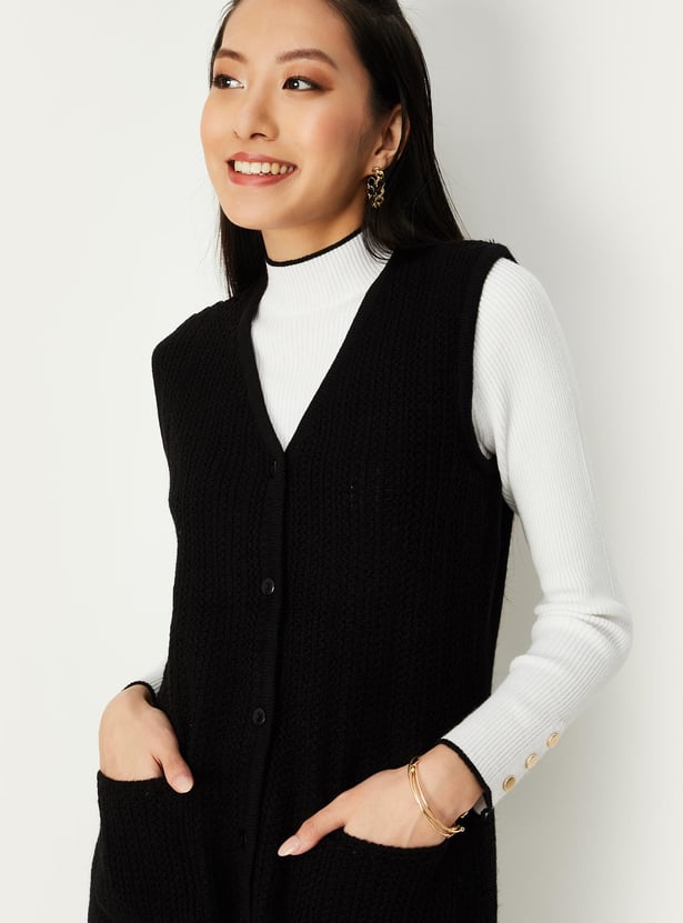 Women Cable Knit Sleeveless Cardigan