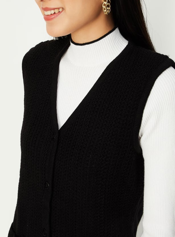 Women Cable Knit Sleeveless Cardigan