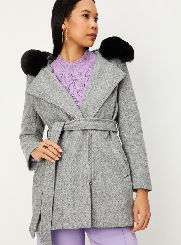 Women Faux Fur Trimmed Hooded Coat