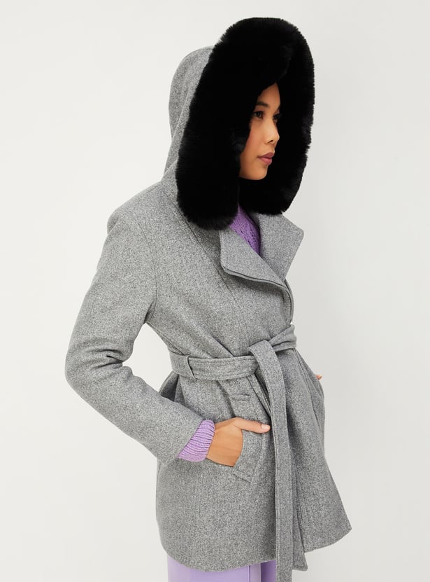 Women Faux Fur Trimmed Hooded Coat