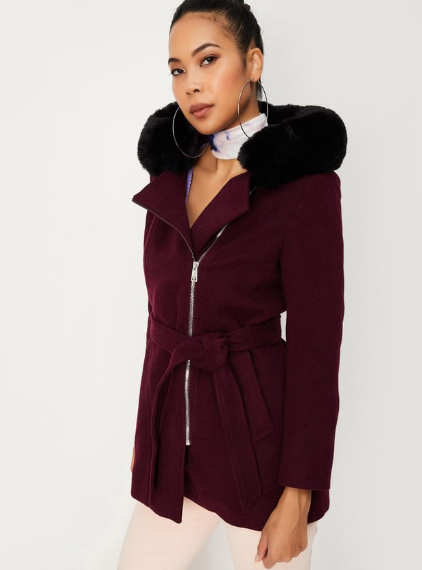 Women Faux Fur Trimmed Hooded Coat