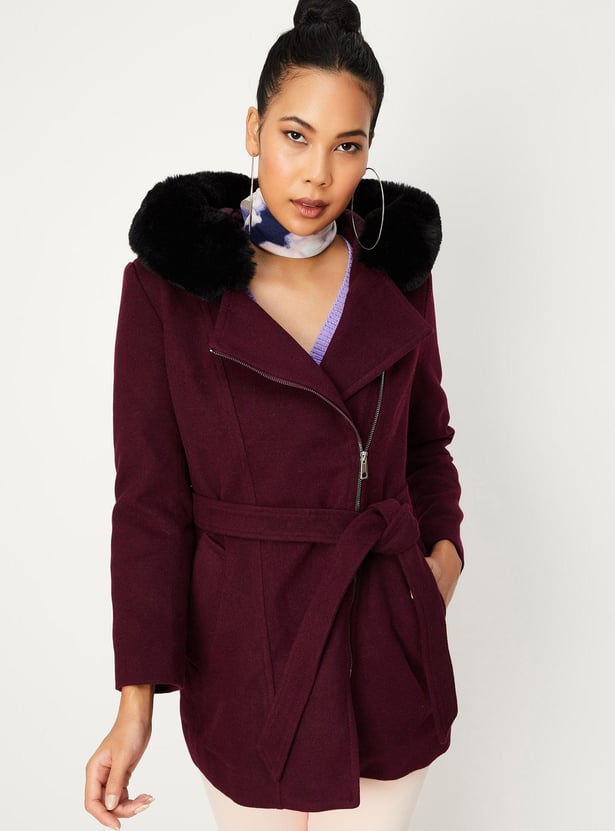 Women Faux Fur Trimmed Hooded Coat