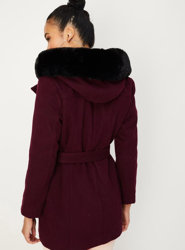 Women Faux Fur Trimmed Hooded Coat