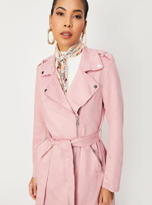 Women Lapel Collared Suede Coat