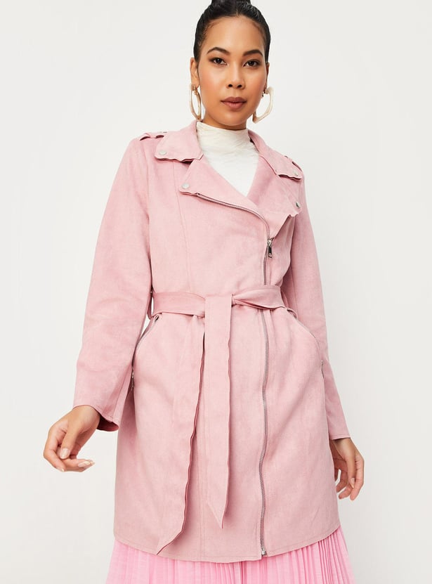 Women Lapel Collared Suede Coat