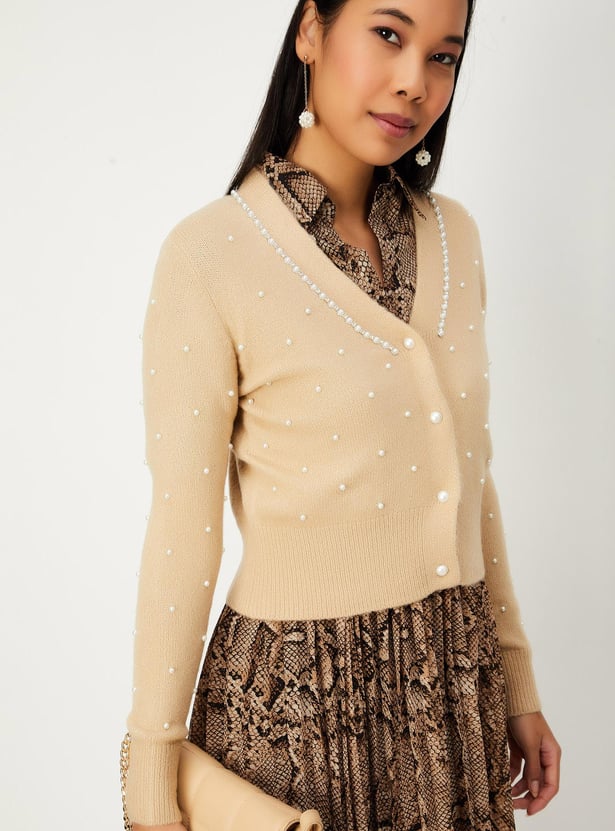 Women Pearl Embellished Cardigan