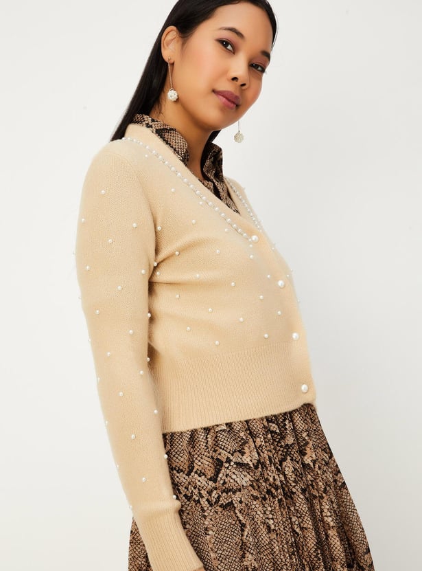 Women Pearl Embellished Cardigan