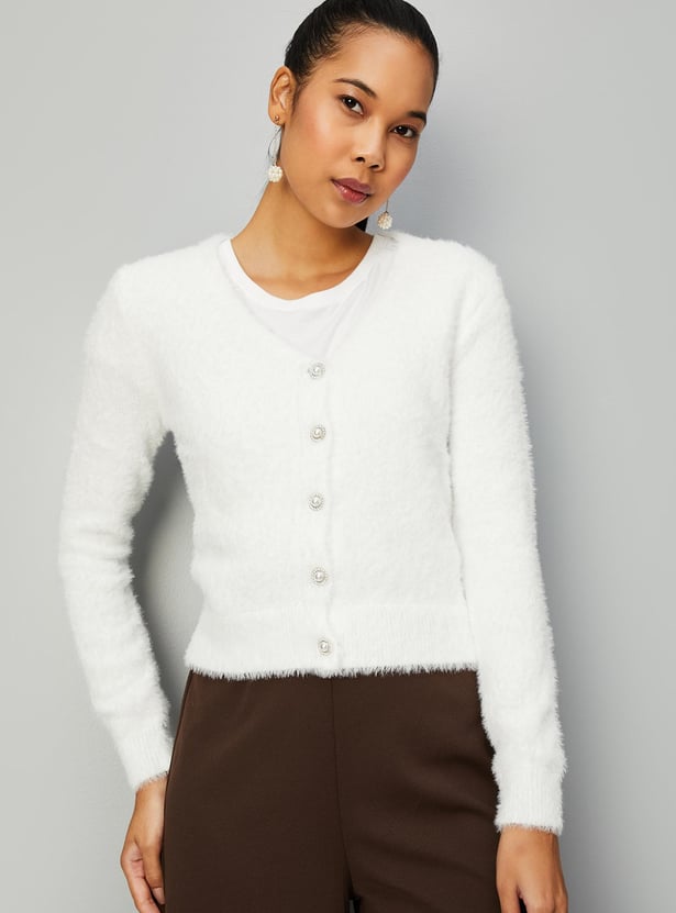 Women Fur Cardigan with Embellished Button