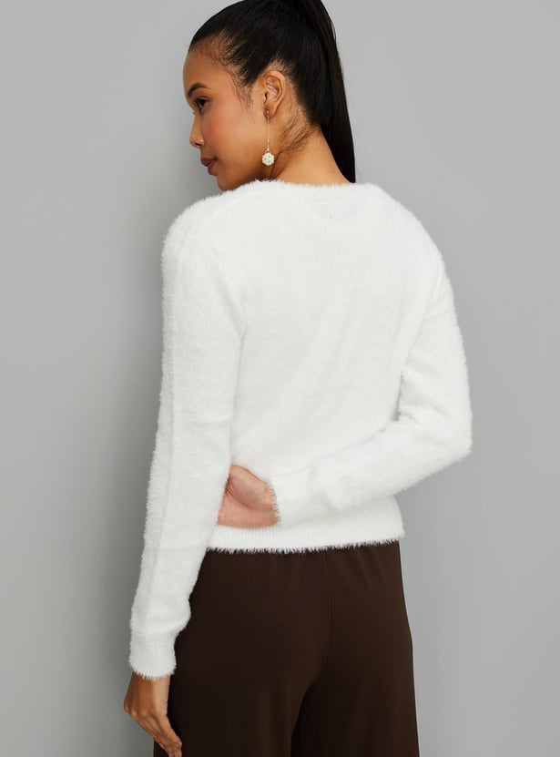 Women Fur Cardigan with Embellished Button