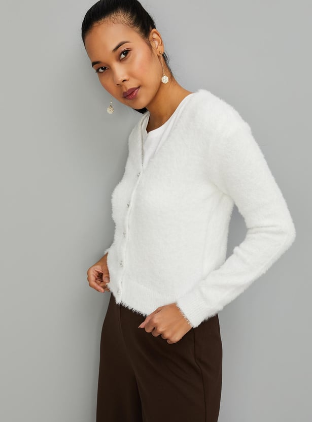 Women Fur Cardigan with Embellished Button