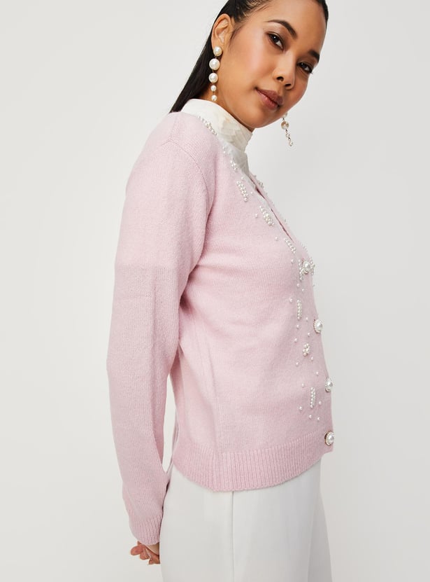 Women Pearl Embellished Cardigan