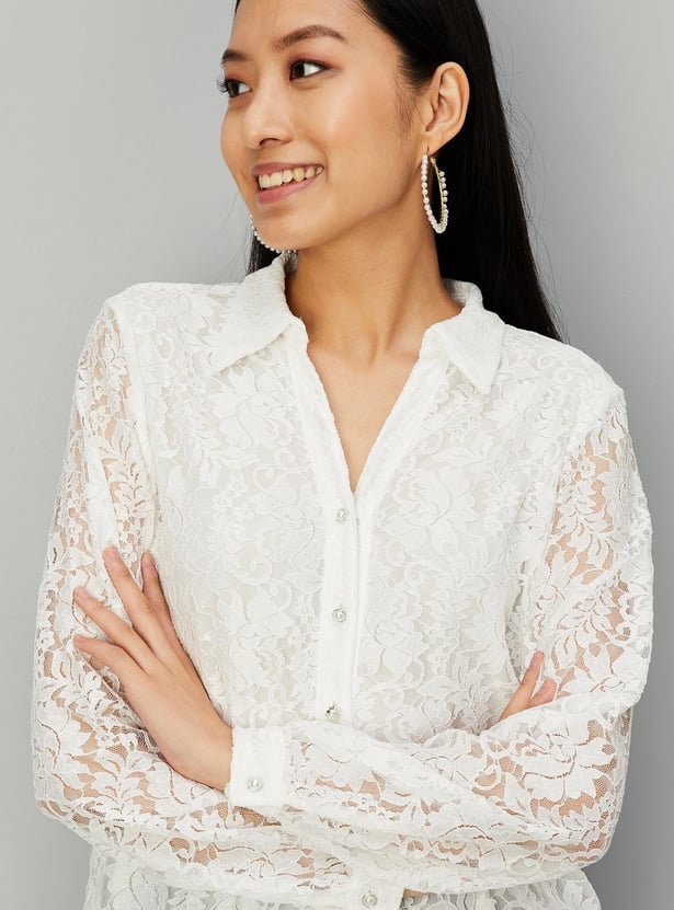 Women Pearl Button Lace Blouse