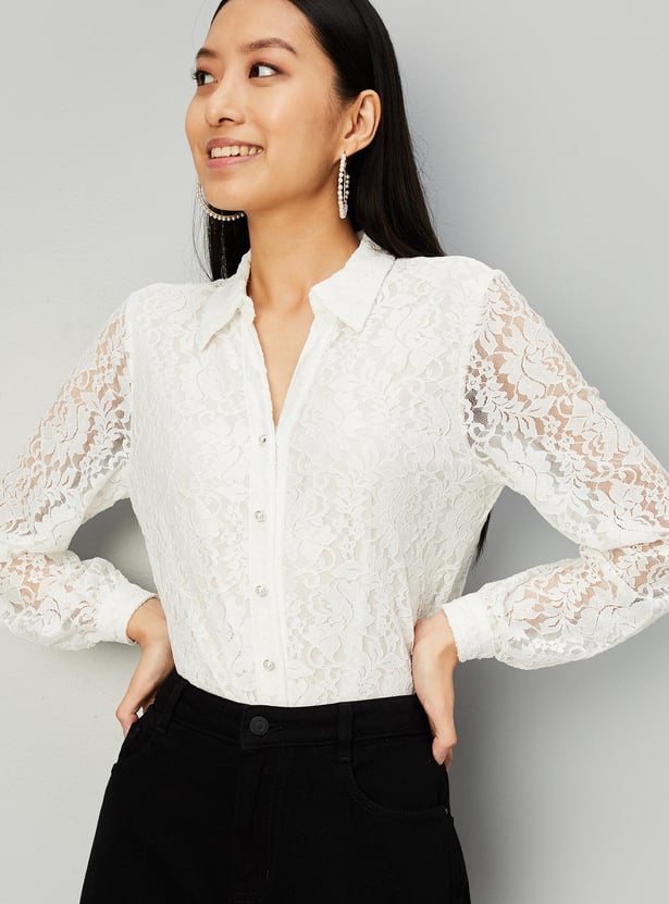 Women Pearl Button Lace Blouse