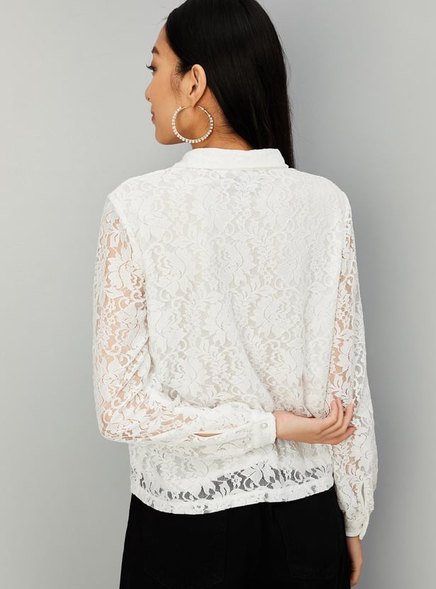 Women Pearl Button Lace Blouse