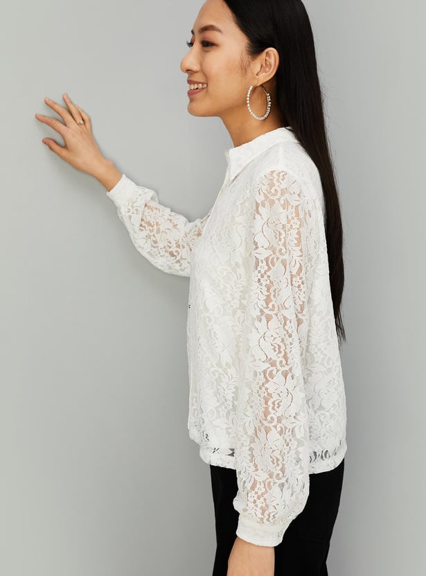 Women Pearl Button Lace Blouse