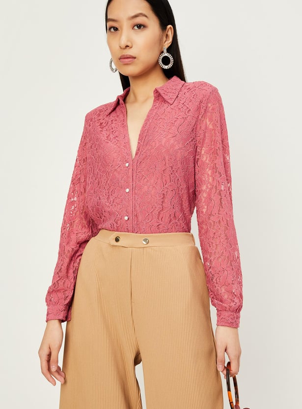 Women Pearl Button Lace Blouse