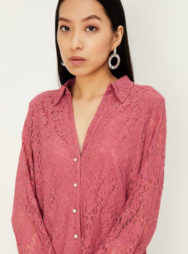 Women Pearl Button Lace Blouse