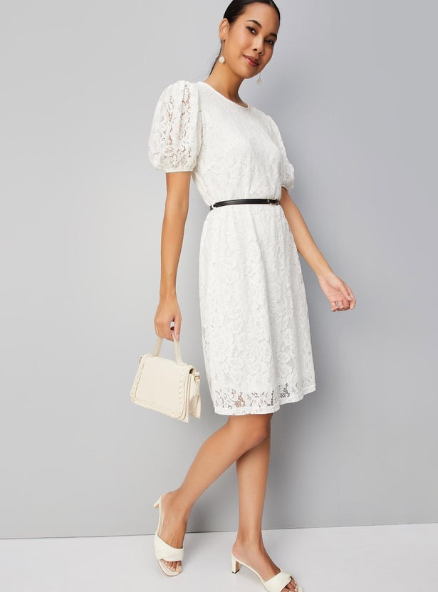Women Lace Belted Shift Dress - Main Image