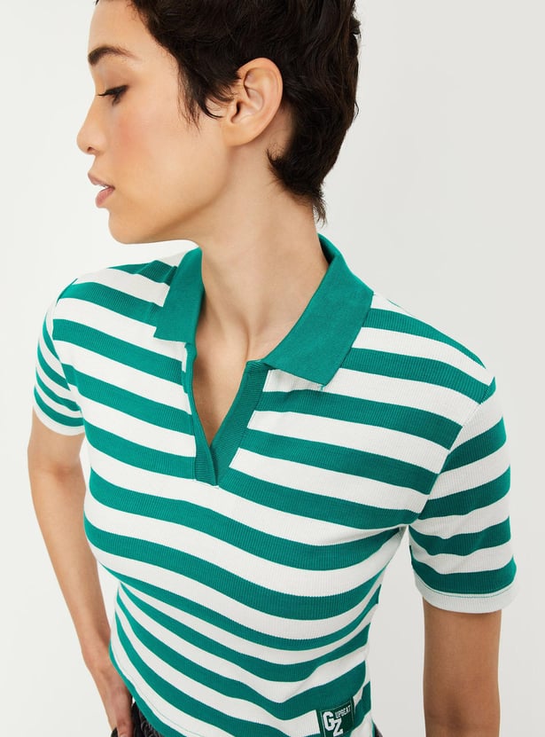 Women Striped Crop Polo T-shirt