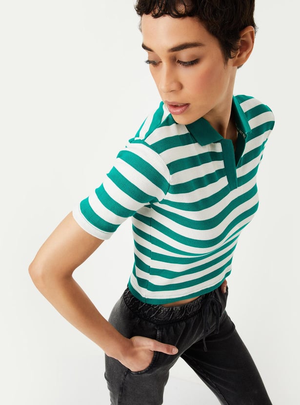 Women Striped Crop Polo T-shirt