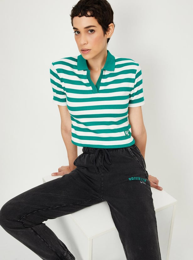 Women Striped Crop Polo T-shirt