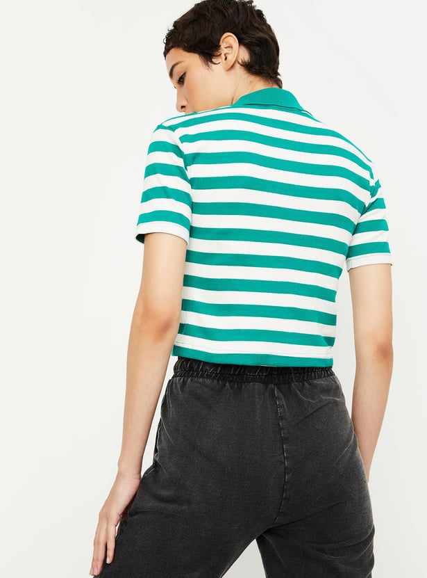 Women Striped Crop Polo T-shirt