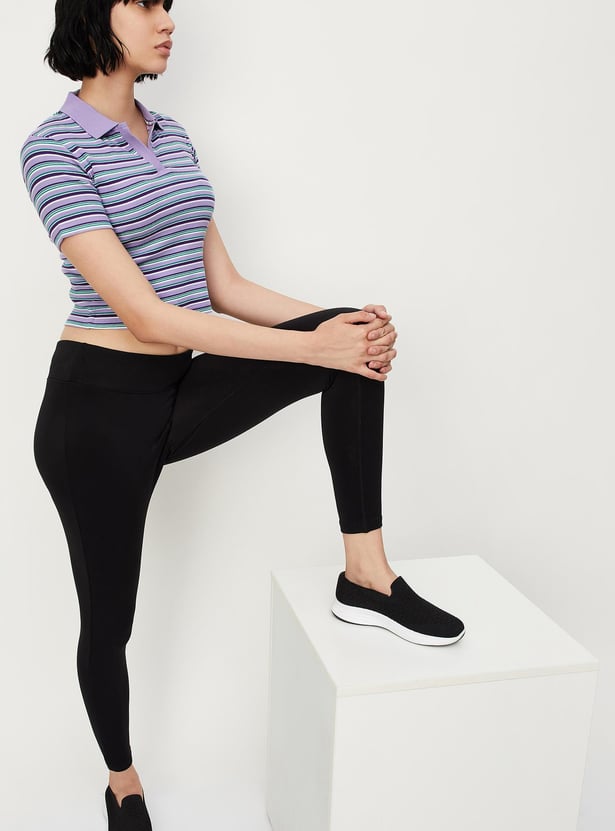 Women Striped Crop Polo T-shirt