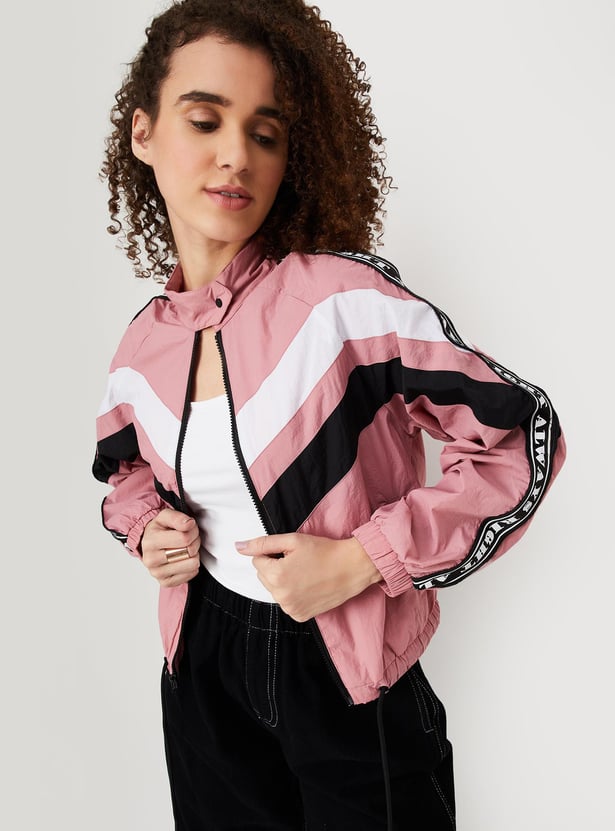 Women Striped Drawcord Hem Jacket