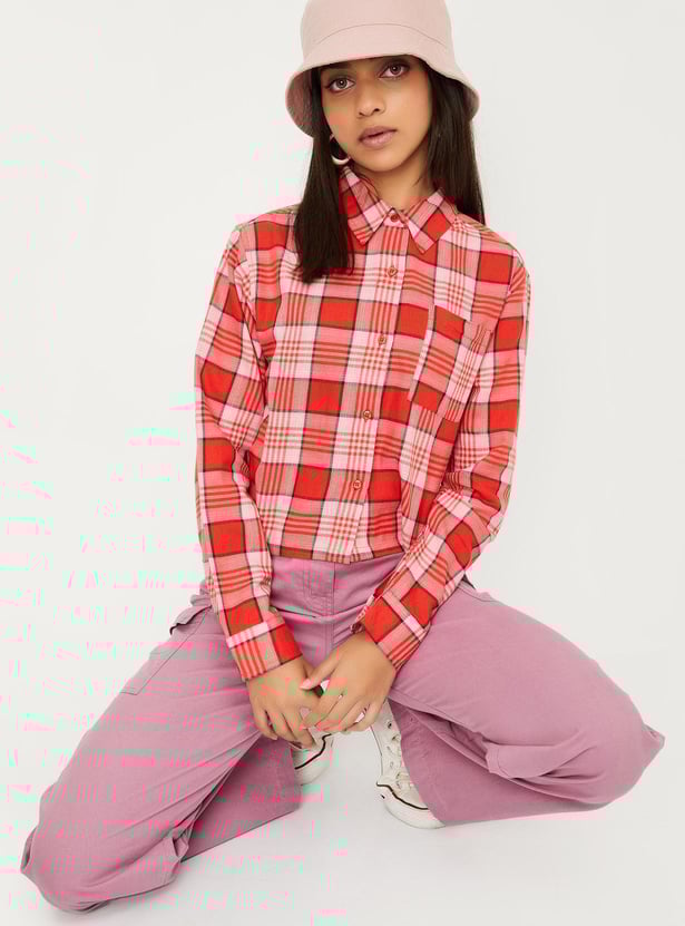 Girls Checked Cropped Shacket