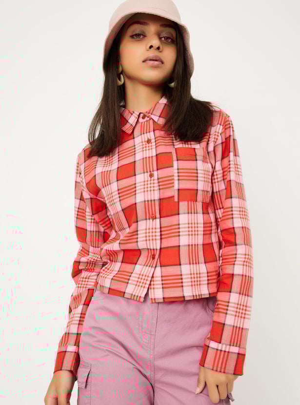 Girls Checked Cropped Shacket