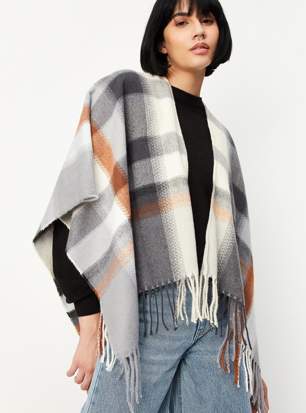 Women Checked Cape Shawl