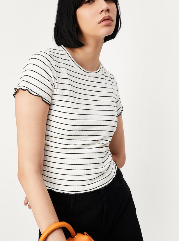 Women Striped Knit T-shirt with Lettuce Hem