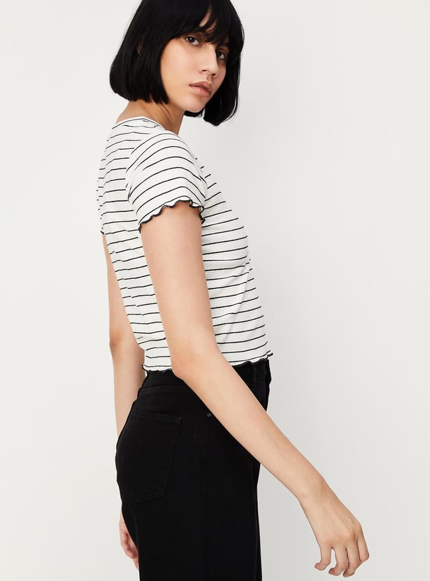 Women Striped Knit T-shirt with Lettuce Hem