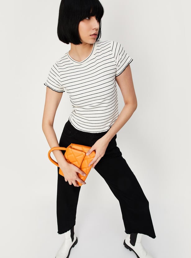 Women Striped Knit T-shirt with Lettuce Hem