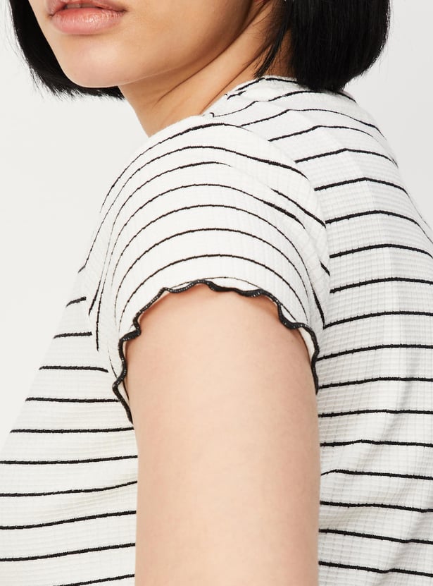 Women Striped Knit T-shirt with Lettuce Hem