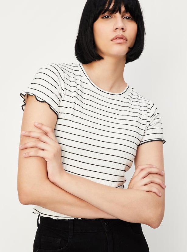 Women Striped Knit T-shirt with Lettuce Hem