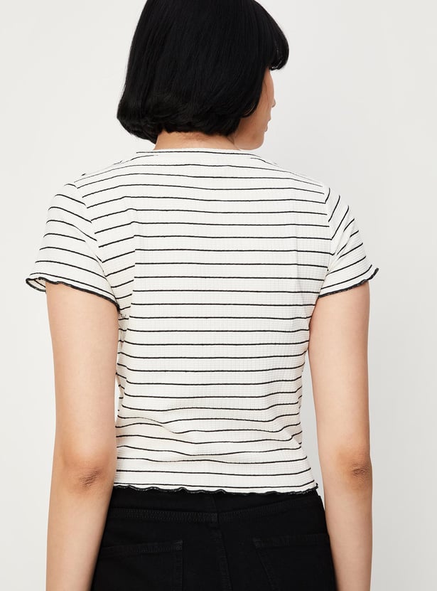 Women Striped Knit T-shirt with Lettuce Hem