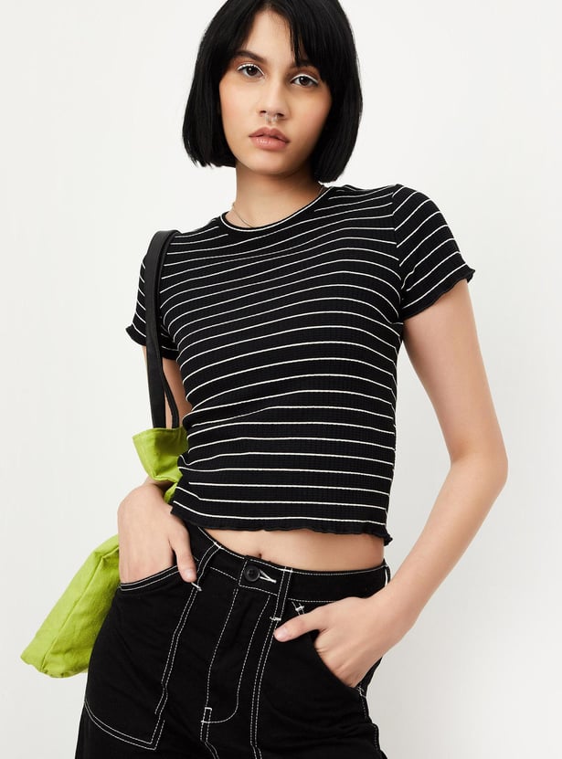 Women Striped Knit T-shirt with Lettuce Hem