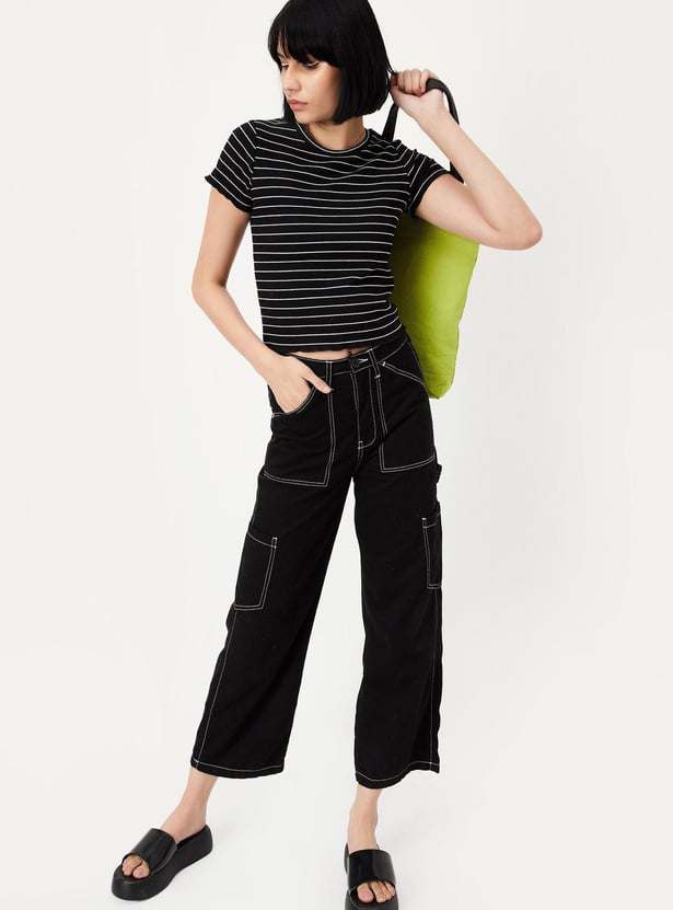 Women Striped Knit T-shirt with Lettuce Hem