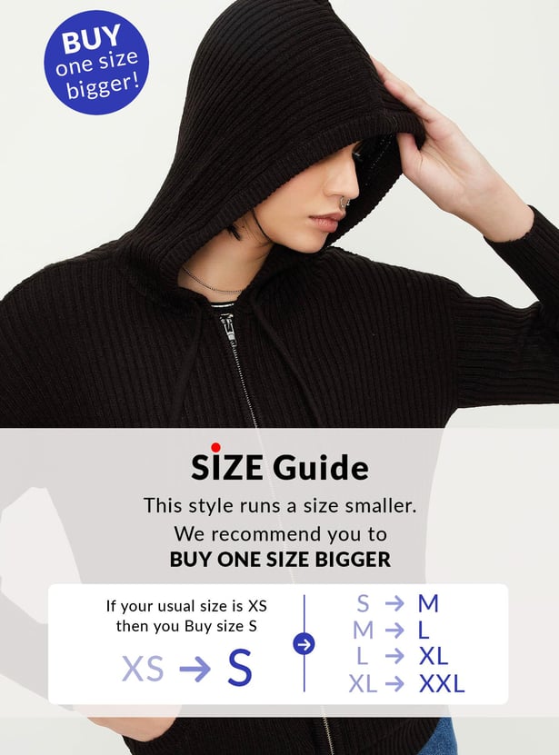 Buy Women Ribbed Hooded Sweater Online at just Rs. 1199.0