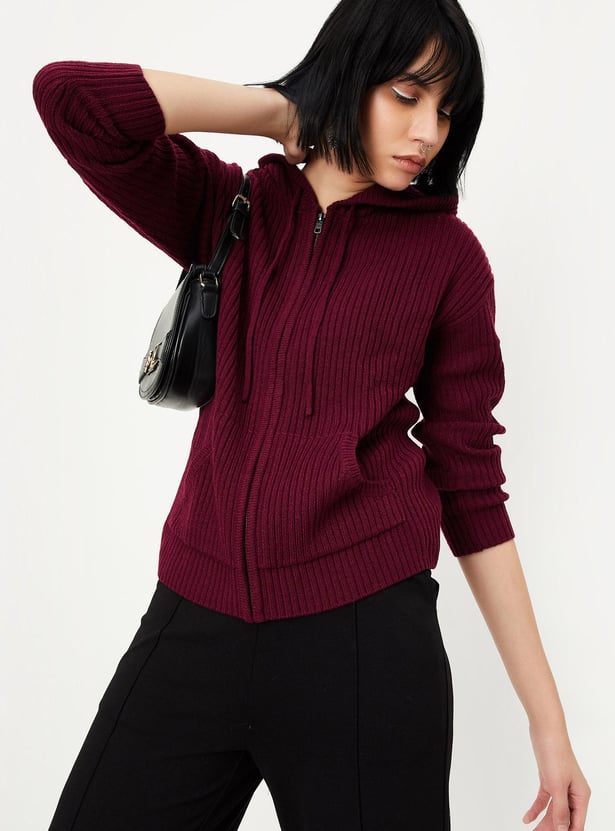 Women Ribbed Hooded Sweater