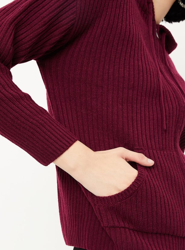 Women Ribbed Hooded Sweater