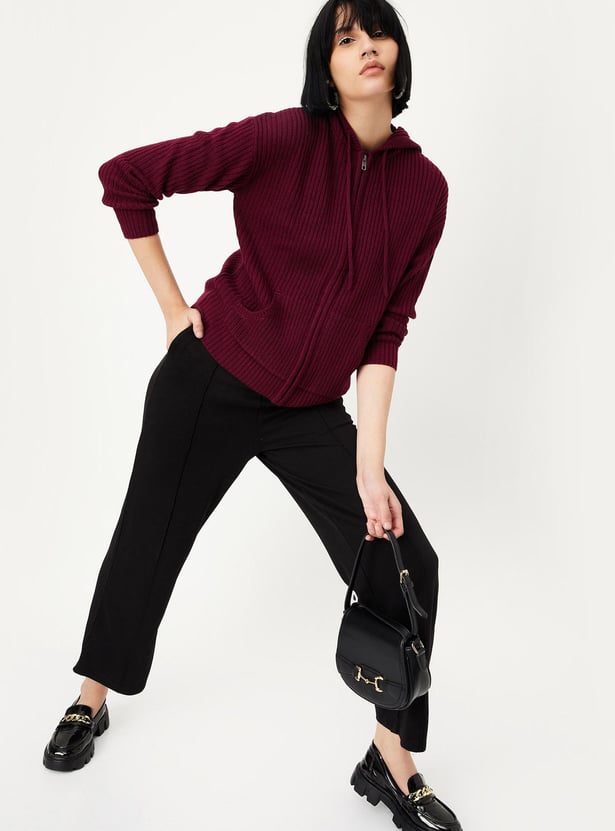 Women Ribbed Hooded Sweater