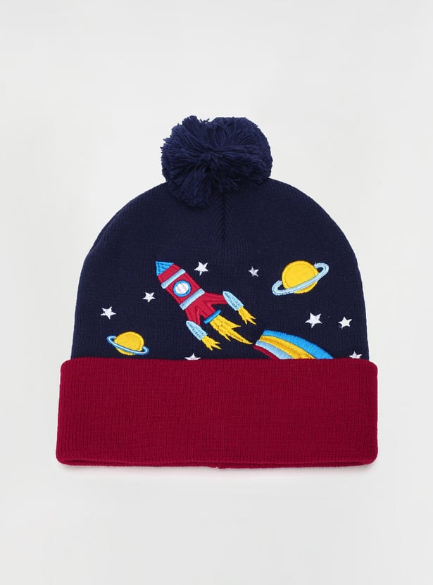 Boys Embroidered Beanie with Pom-Pom