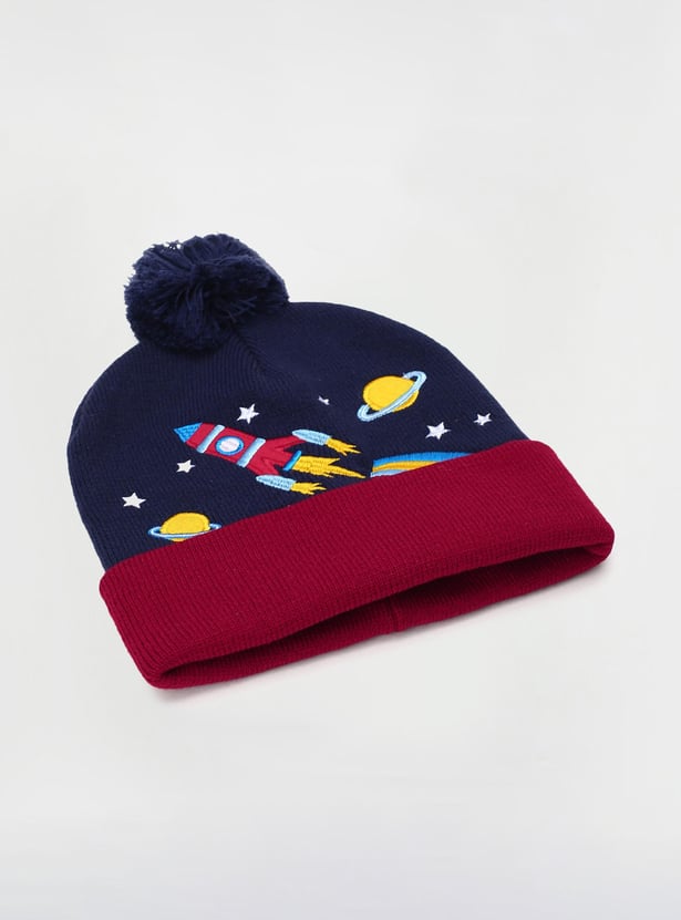 Boys Embroidered Beanie with Pom-Pom