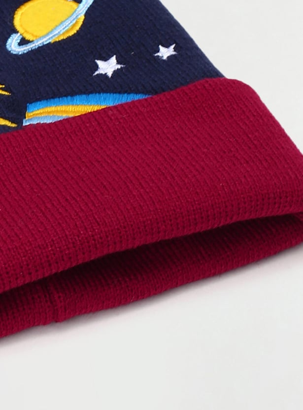 Boys Embroidered Beanie with Pom-Pom