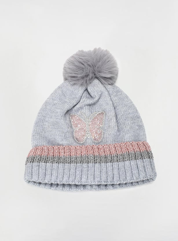 Girls Embellished Beanie With Pom-Pom