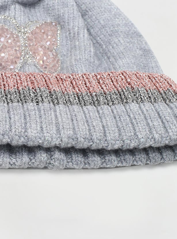 Girls Embellished Beanie With Pom-Pom